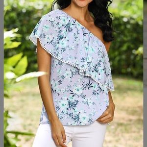 Lilac Floral Off-Shoulder Asymmetrical Top, M